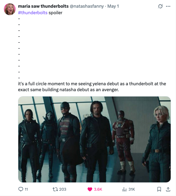 A tweet about a full-circle moment with Yelena's debut as a Thunderbolt at the same location Natasha debuted as an Avenger
