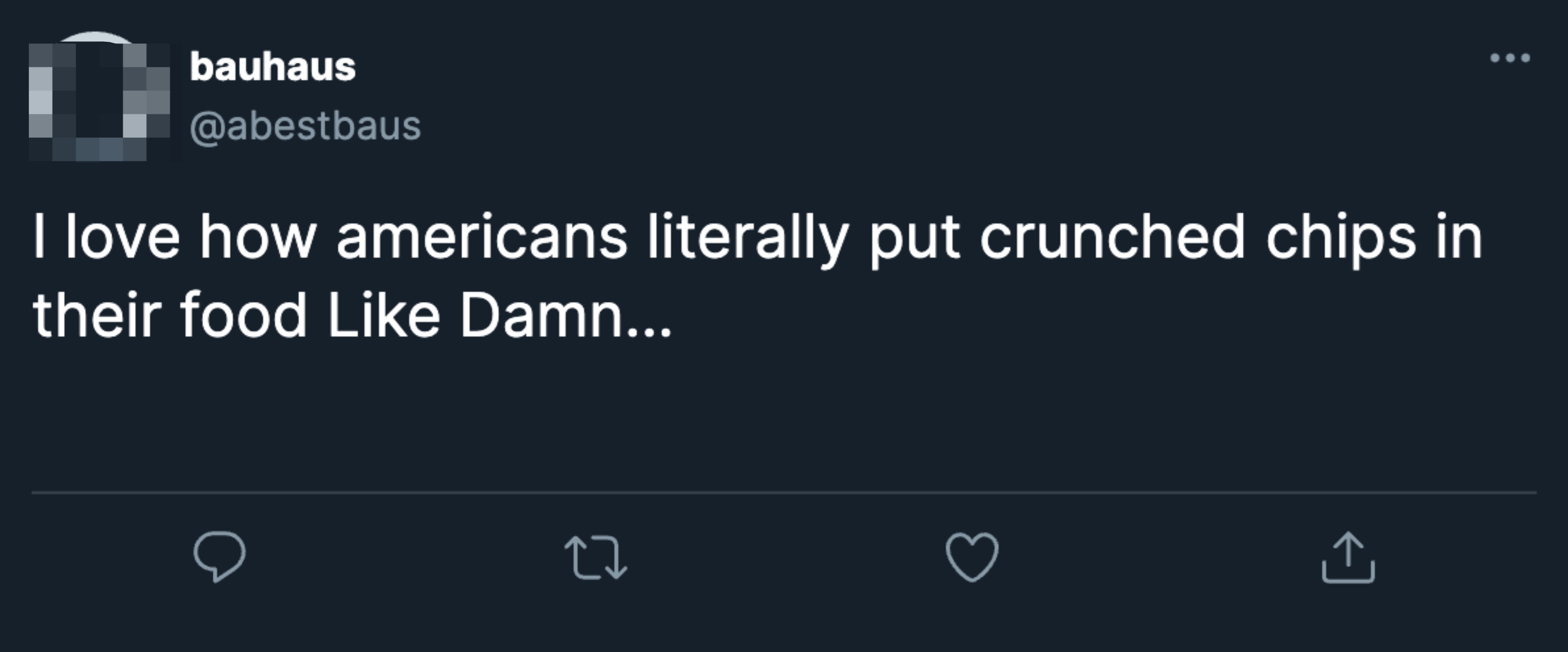 Tweet about Americans adding crunched chips to their food