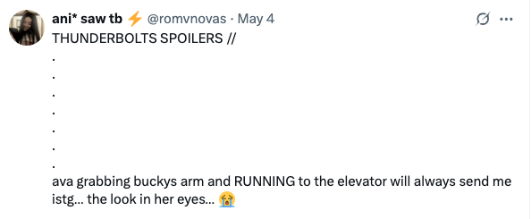 A tweet talking about how Ava running to the elevator with Bucky's arm is hilarious