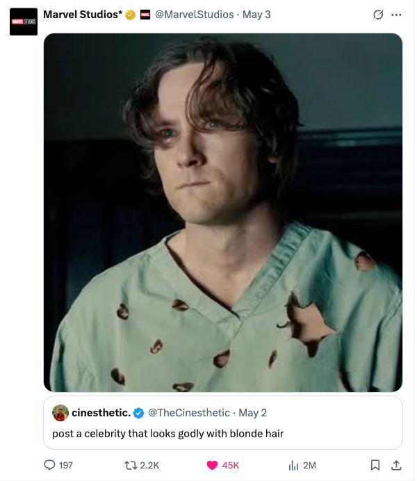 A picture of Bob with the caption, "post a celebrity that looks godly with blonde hair."