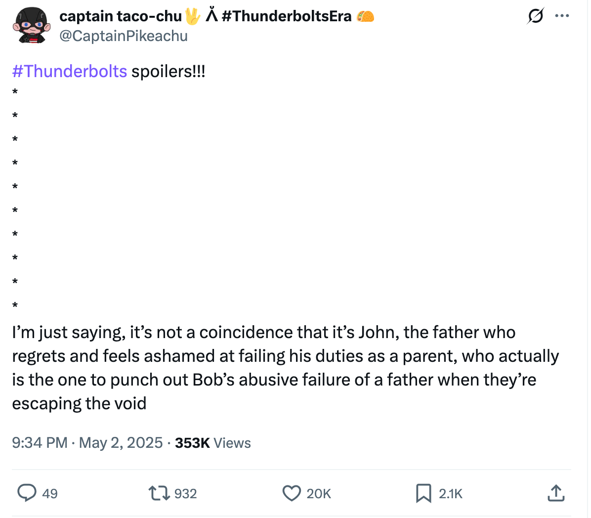 Tweet reveals a spoiler about "Thunderbolts," discussing a plot involving characters John and Bob in a pivotal family conflict