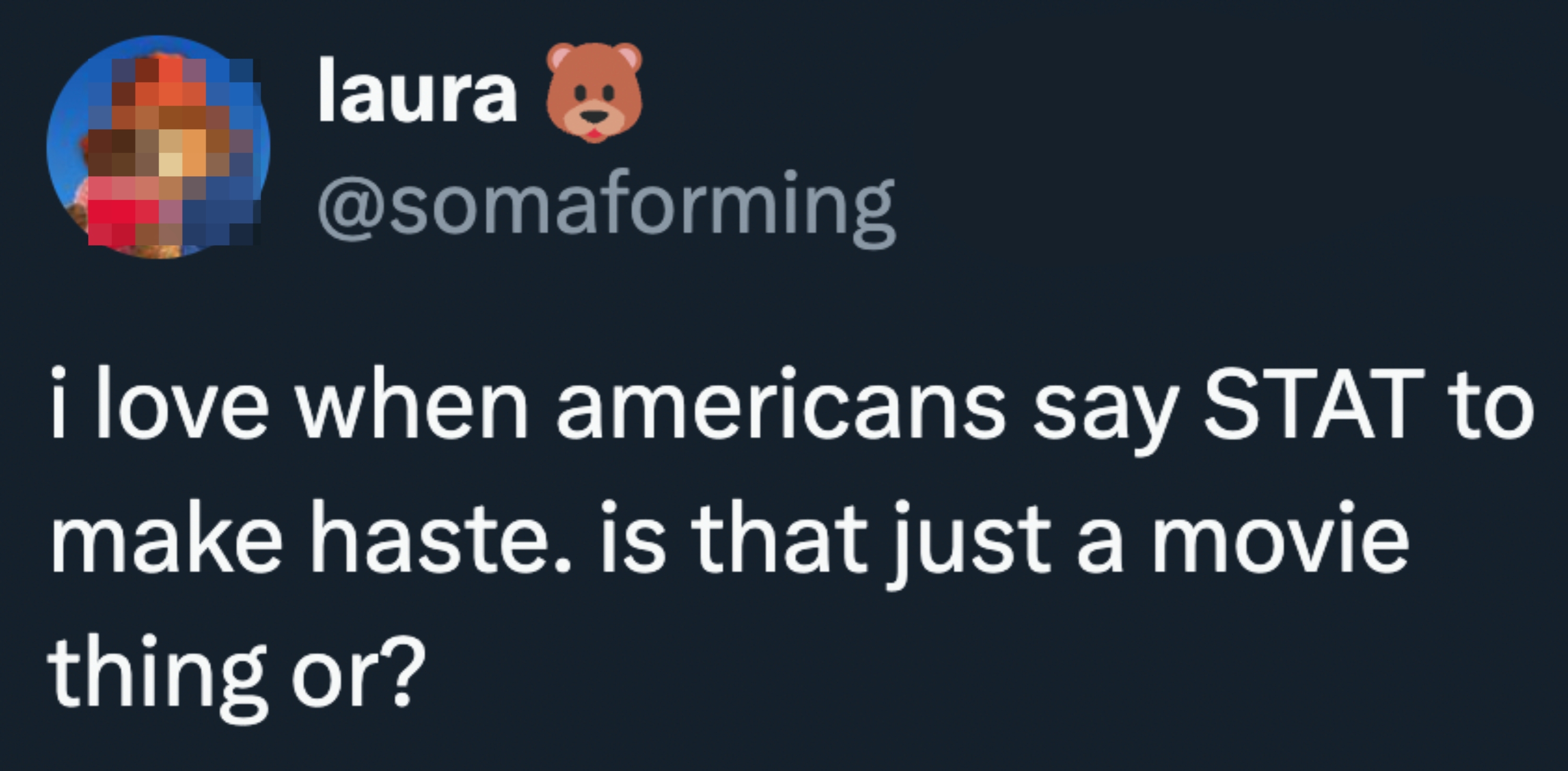 Tweet by @somaforming questions if "STAT" for haste is a movie trope