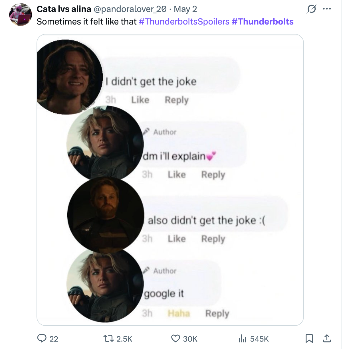 A meme with multiple images of a concerned person and text exchanges about not understanding a joke, with hashtags #ThunderboltsSpoilers