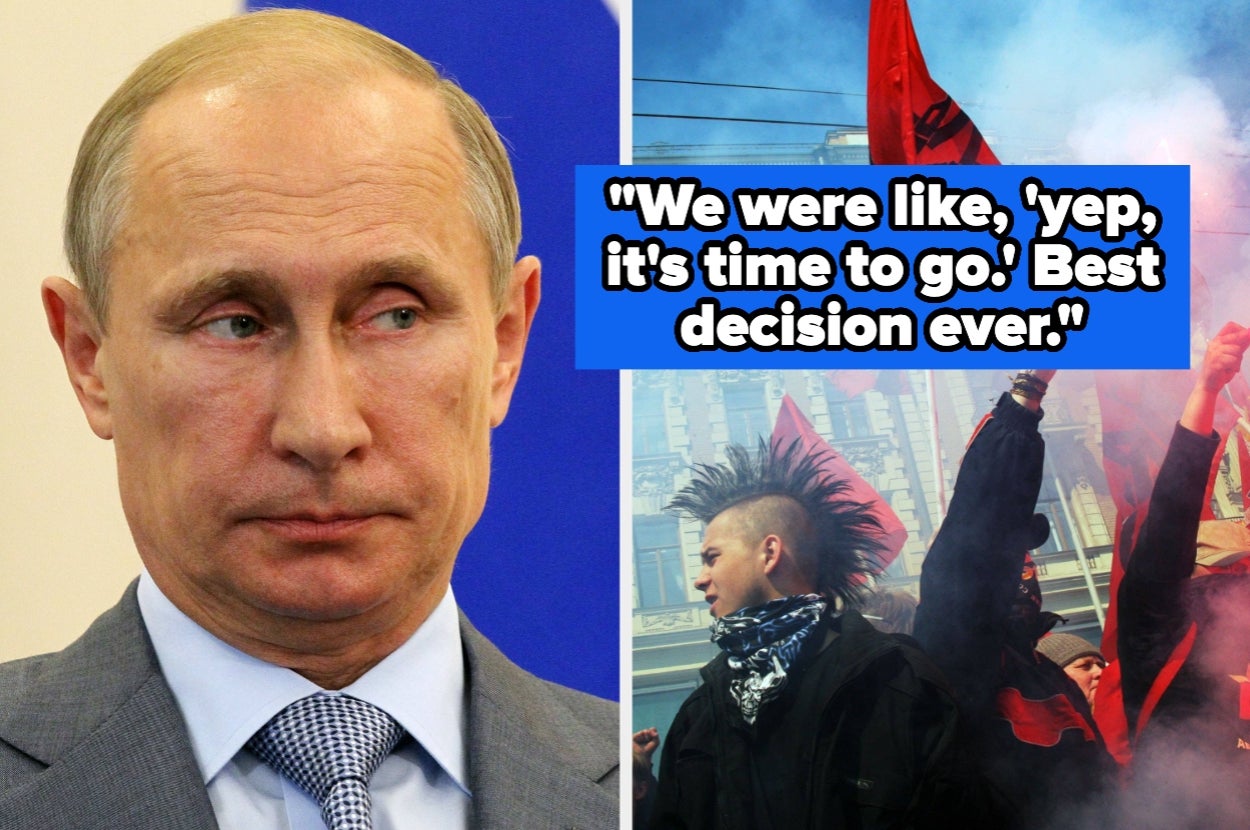 Image split: Left shows a serious person in a suit. Right shows a punk with a mohawk at a protest. Text reads: "We were like, 'yep, it's time to go.' Best decision ever."