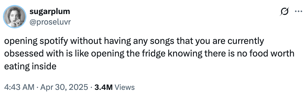Tweet likening using Spotify without favorite songs to opening an empty fridge; viewed by 3.4M people