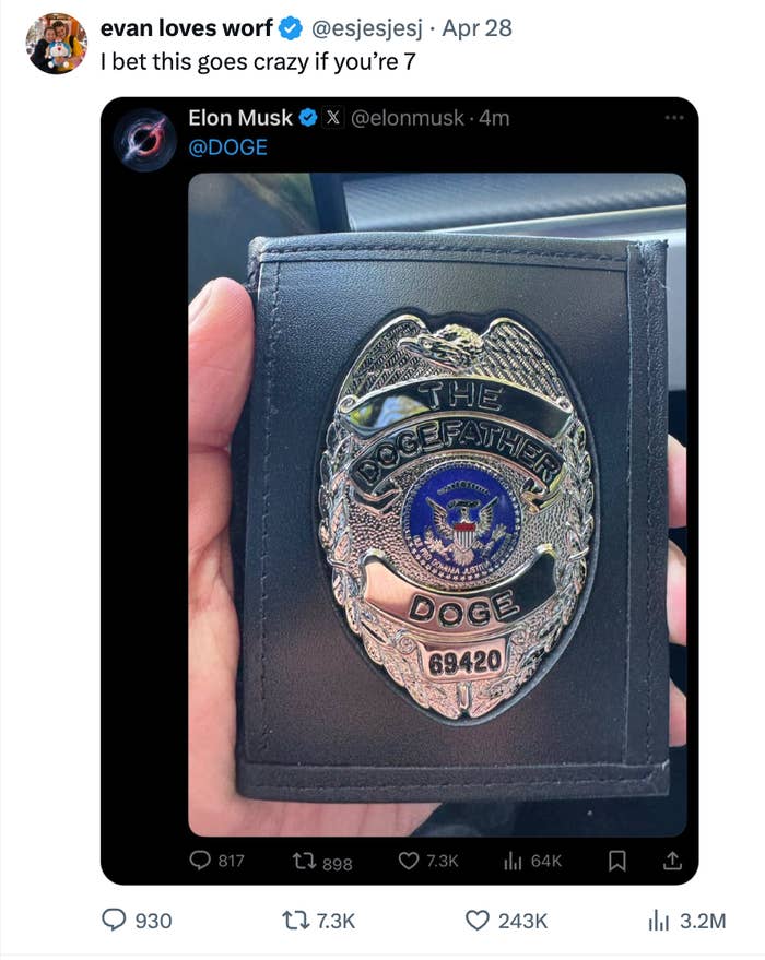 A hand holding a badge labeled "The Dogefather, DOGE," shared in a tweet by Elon Musk
