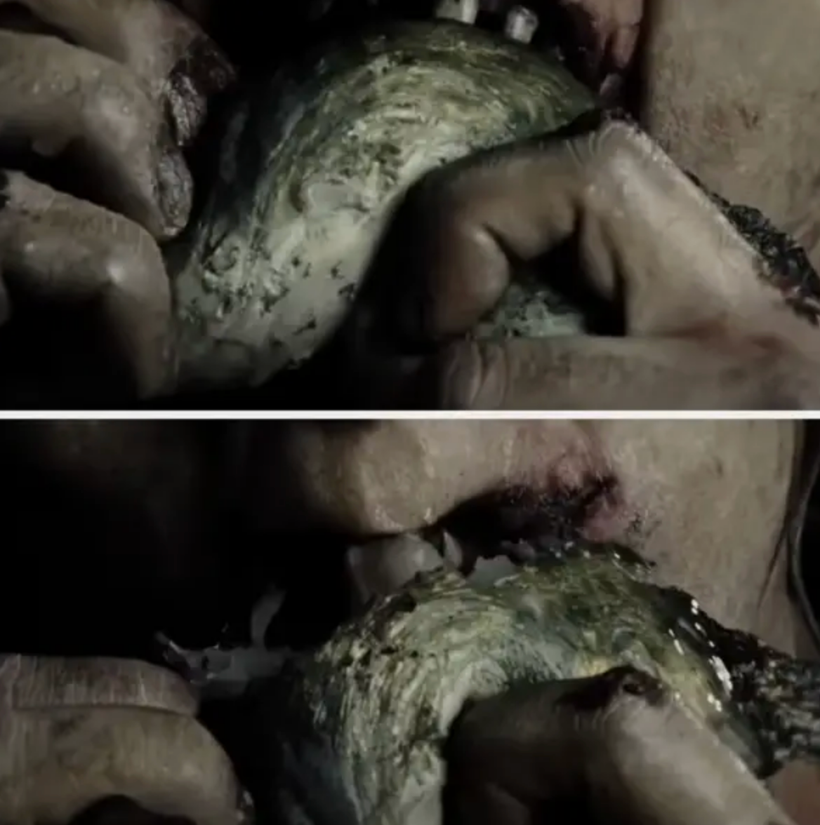 Gollum bites into a flopping fish