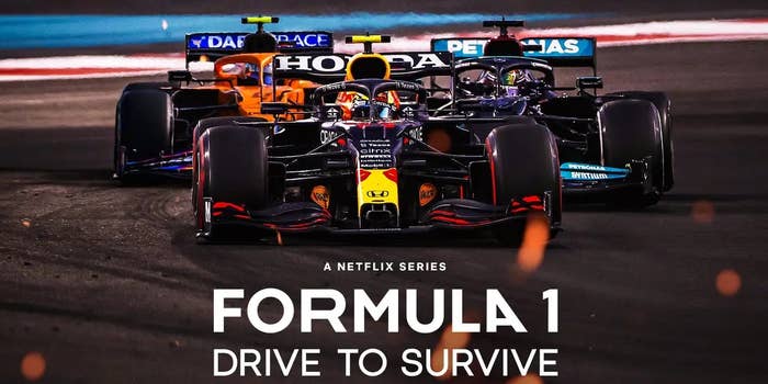 Three Formula 1 cars race on a track, promoting the Netflix series "Formula 1: Drive to Survive."