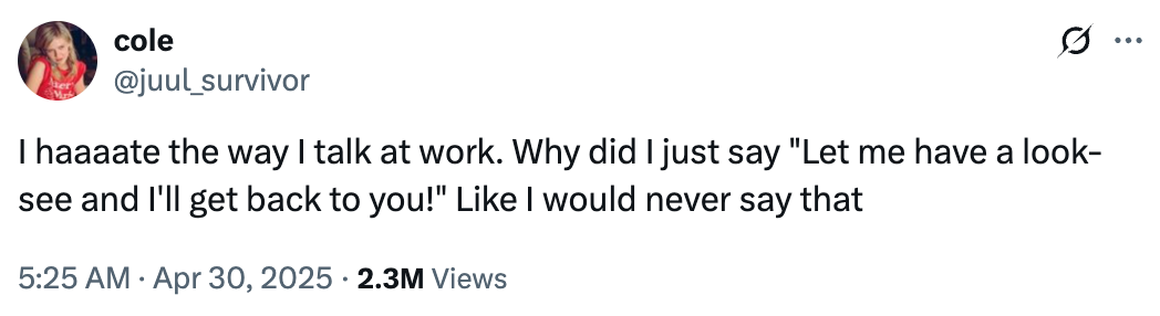 Tweet by user expressing frustration about using unnatural phrases at work