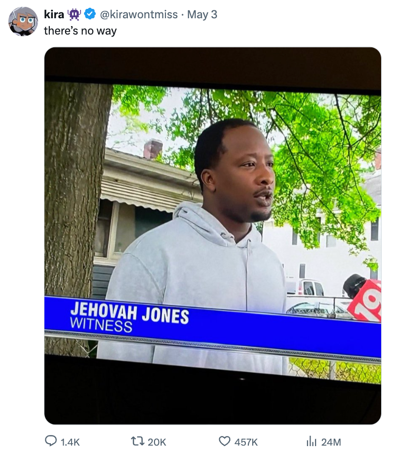A man named Jehovah Jones is interviewed on TV as a witness, shown standing outdoors