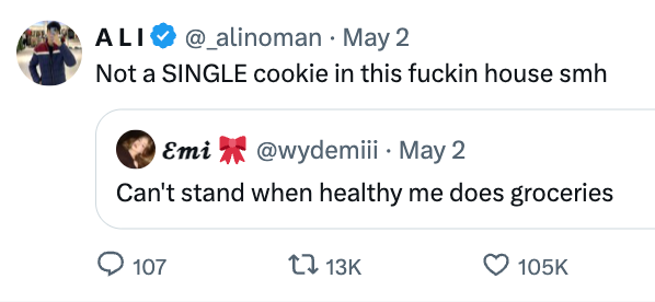 Tweet exchange: Ali is frustrated about a lack of cookies at home; Emi dislikes when healthy decisions impact grocery shopping choices