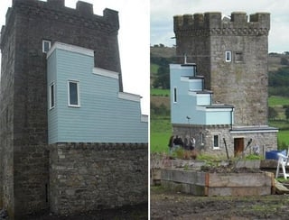Castle tower with modern angular extension, featuring a stepped design. The original stonework contrasts with the new addition