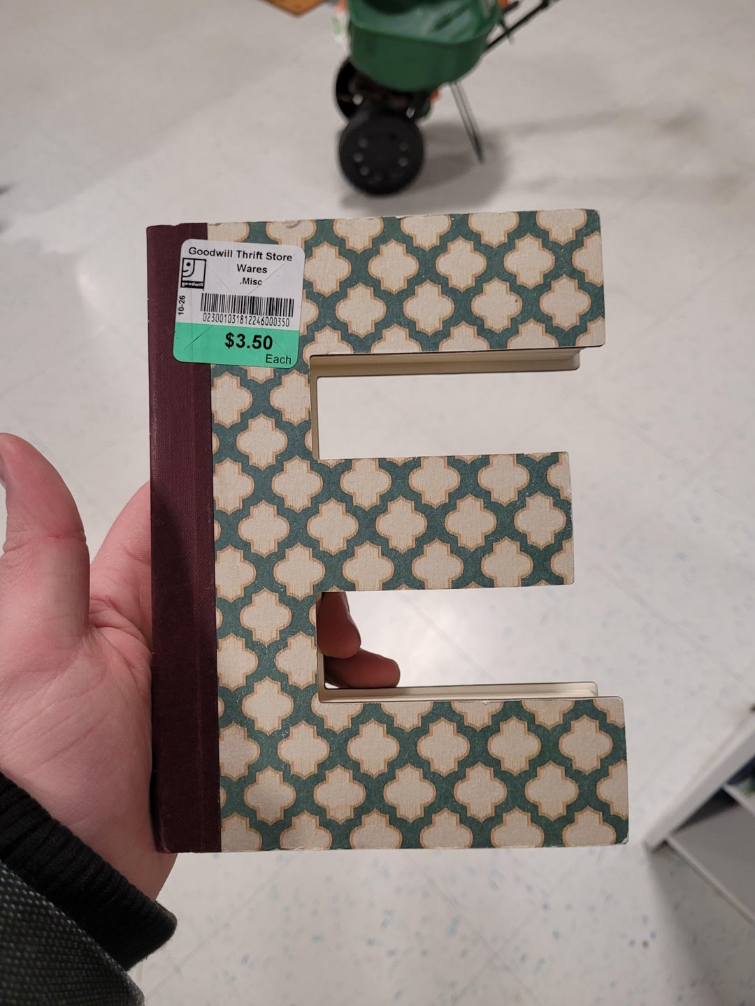 Person holding a decorative letter “E” with patterned design and a price tag of $3.50 from Goodwill Thrift Store