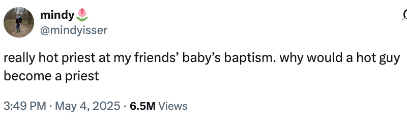 Tweet by mindy @mindydisser: "really hot priest at my friends’ baby’s baptism. why would a hot guy become a priest" with 6.5M views