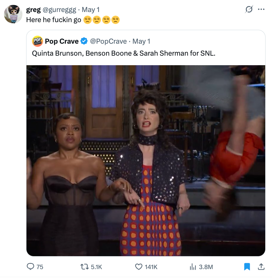 Person reacts humorously on social media to a post featuring Quinta Brunson, Benson Boone, and Sarah Sherman on SNL