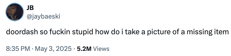 Tweet humorously questions how to photograph a missing item from a food delivery