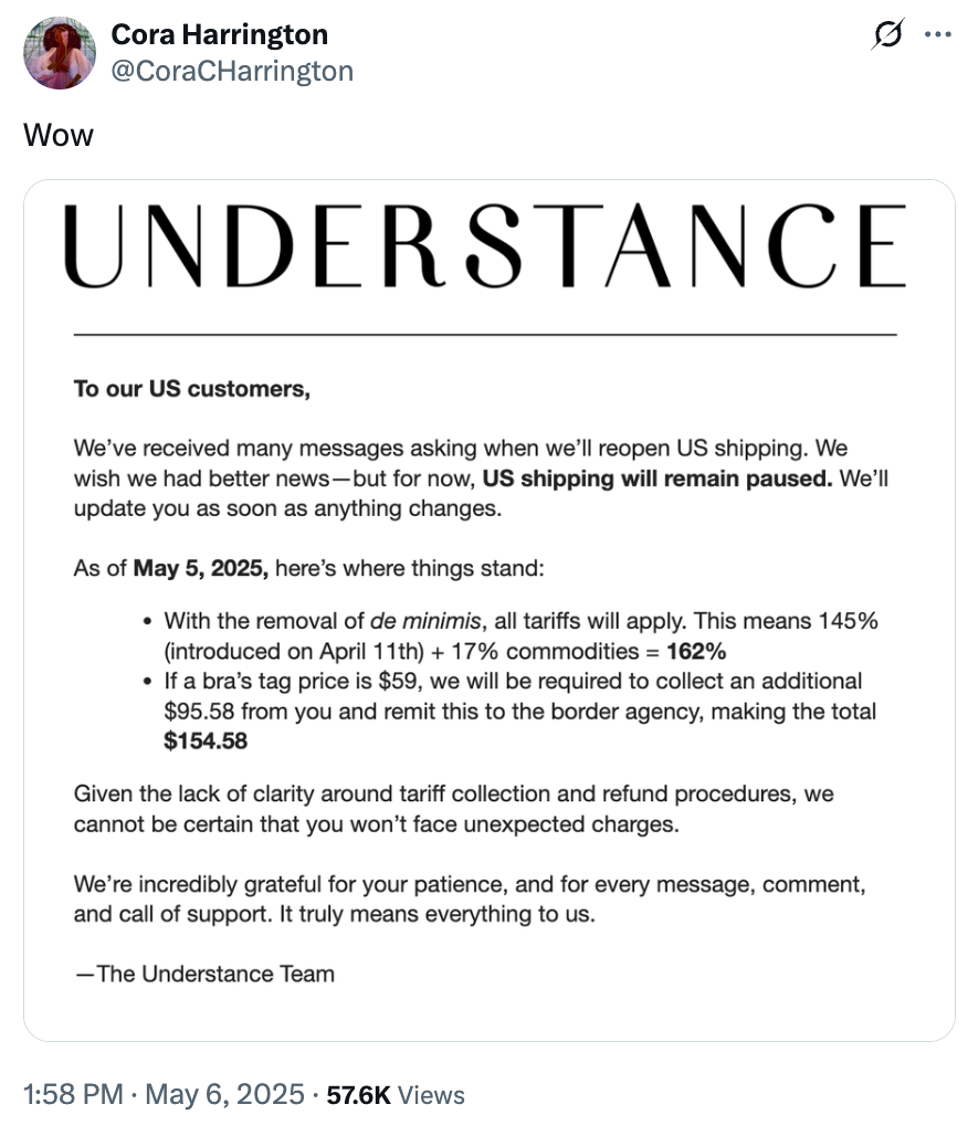 Summary of Cora Harrington's Twitter post about changes to US shipping: It states that as of May 5, 2025, tariffs will significantly increase, affecting shipping costs, with a detailed example provided