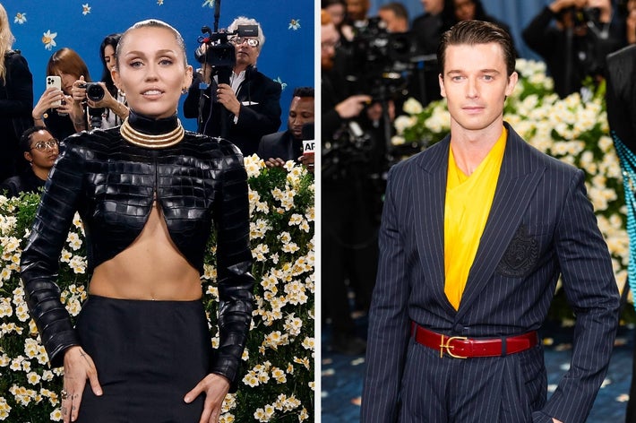Two celebrities in stylish outfits on the red carpet; one in a black, cutout top with gold jewelry, the other in a dark pinstripe suit with a yellow shirt