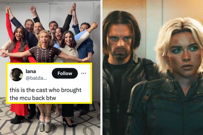 The cast of &ldquo;Thunderbolts&rdquo; making goofy faces, and a photo of Bucky Barnes and Yelena Belova. Text says, &ldquo;this is the cast who brought the MCU back btw.&quot;