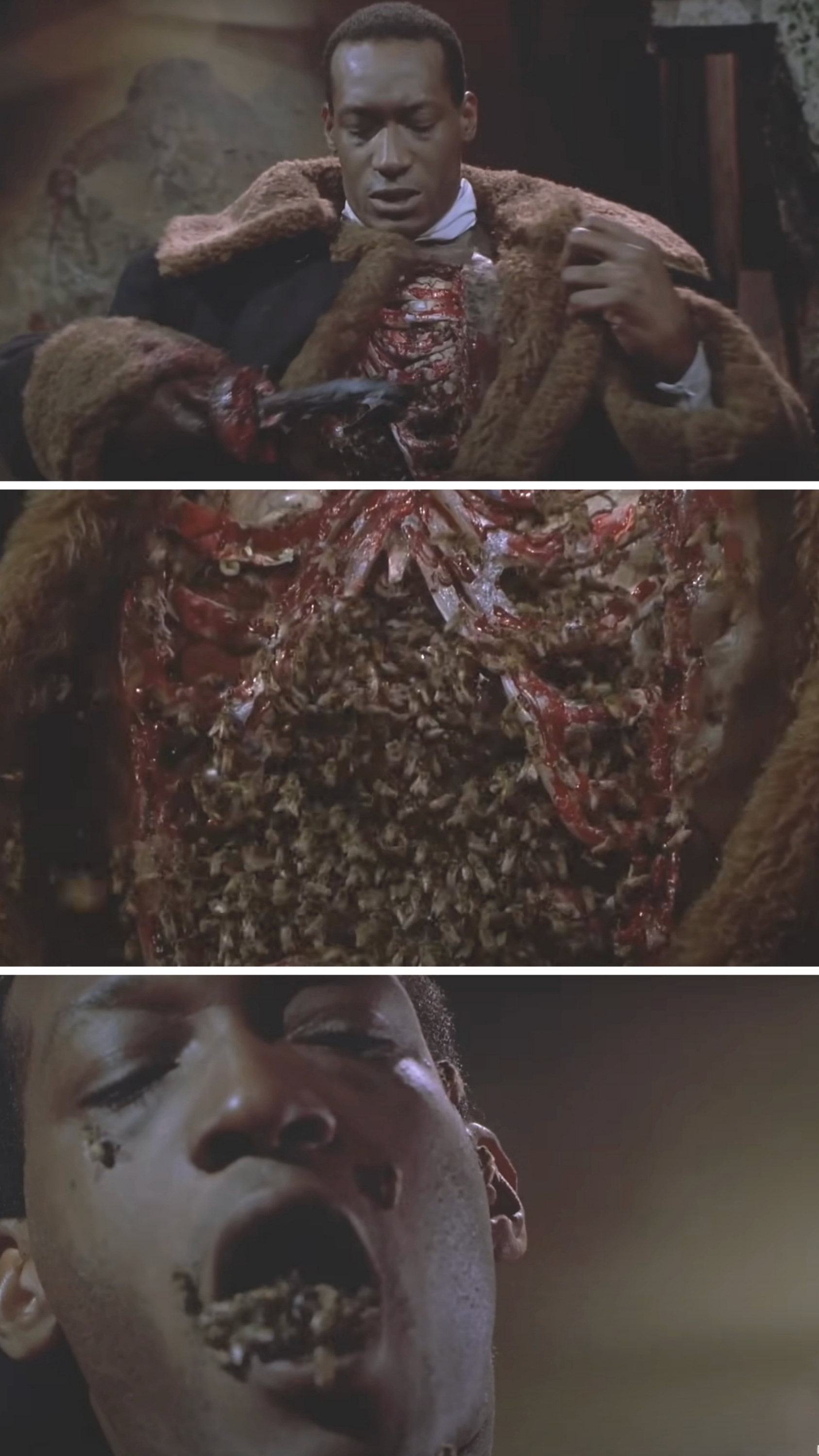 Tony reveals a chest cavity full of bees beneath his coat, then he has them crawling out of his mouth