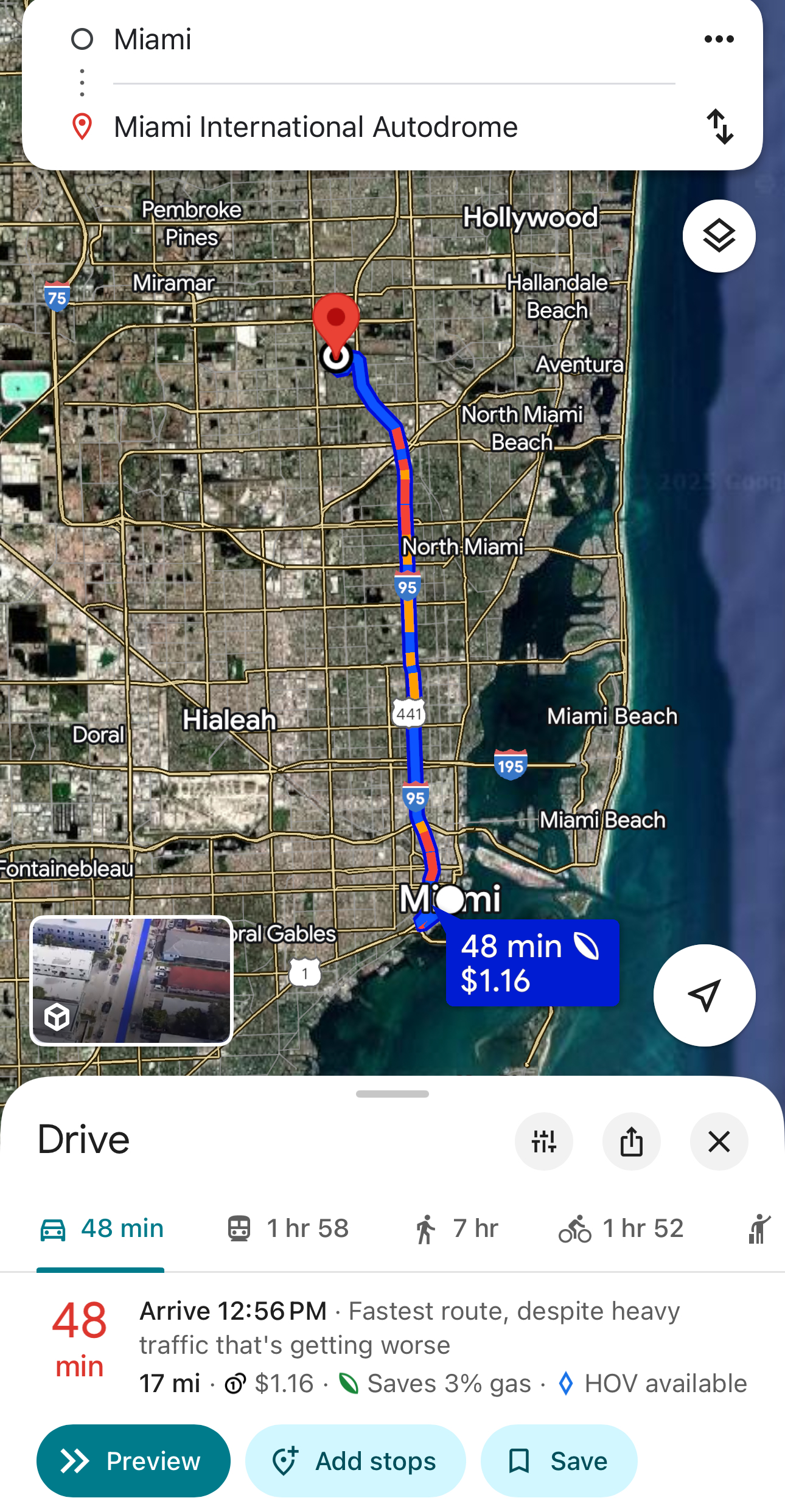 Map showing driving route from Miami to Miami International Autodrome, estimated time 48 minutes with traffic, cost $1.16, 17 miles
