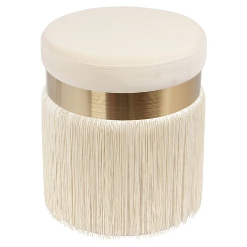 Round stool with a cushioned top, gold-tone band, and decorative fringe. Ideal for adding a chic touch to home décor