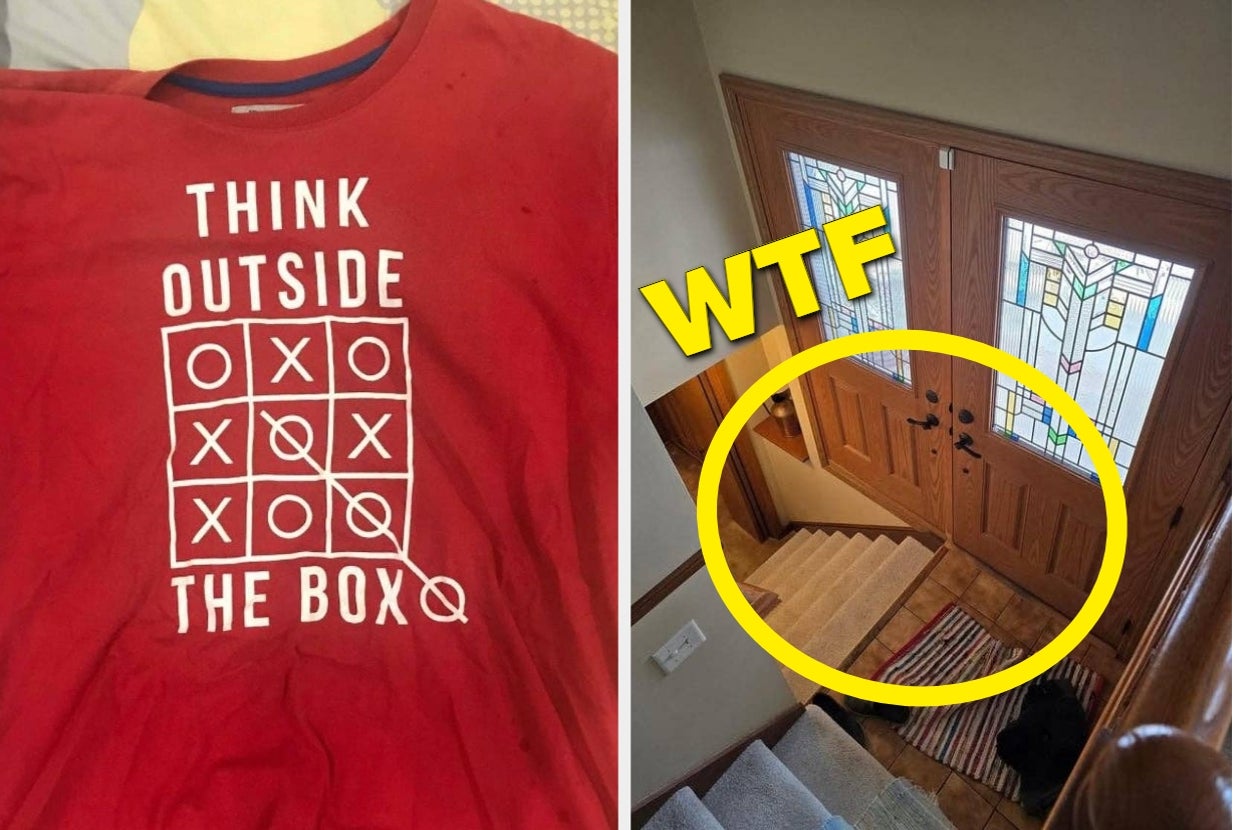 Left: T-shirt reads "Think Outside the Box" with tic-tac-toe. Right: Yellow "WTF" label highlights misaligned staircase railing and door