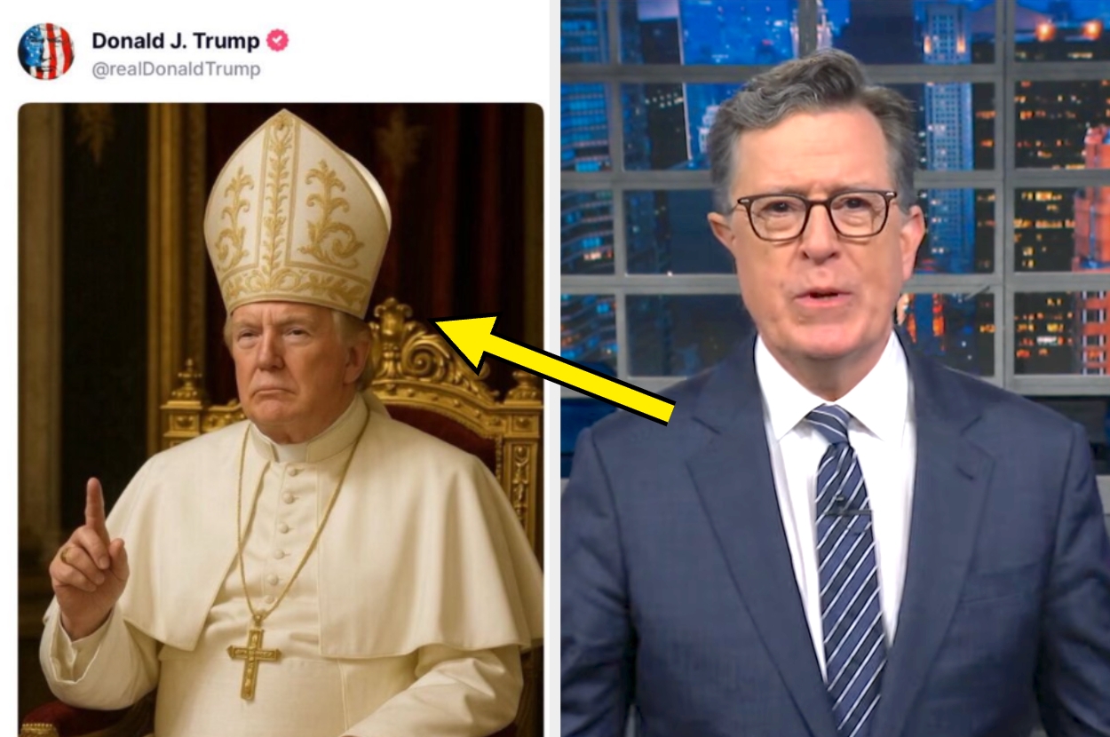 Split-screen image: left shows an AI image of Donald Trump in papal attire; right shows Stephen Colbert in glasses and a suit, appearing to discuss the image