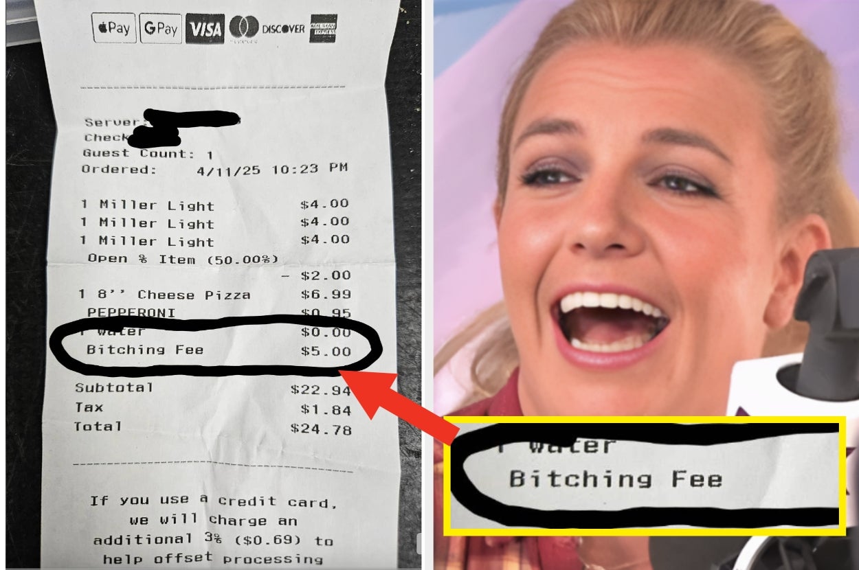 Receipt listing "Bitching Fee $0.00"; woman laughing beside it
