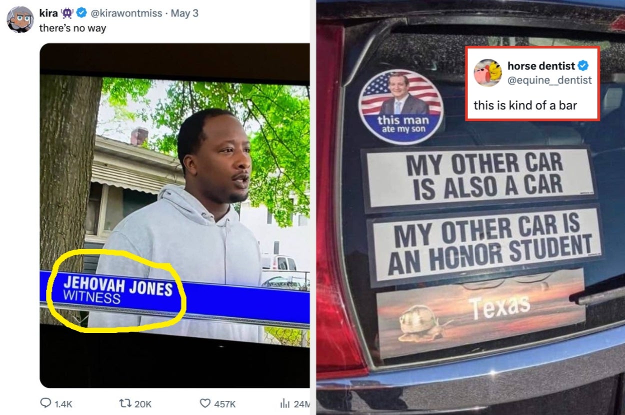 Split image: Left shows a news caption with "Jehovah Jones, Witness." Right shows humorous bumper stickers, including "My other car is an honor student."
