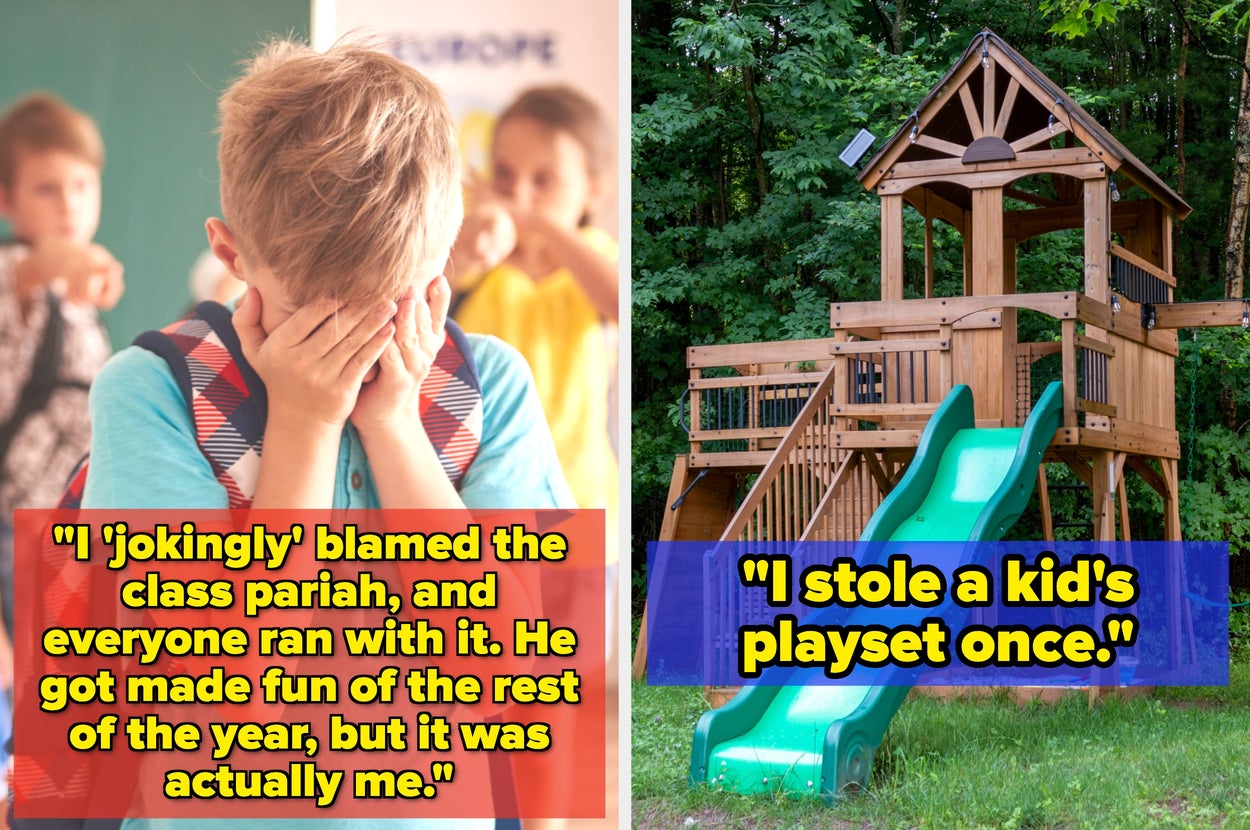 Left: Child covering face with hands, text about being blamed as class pariah. Right: Wooden playset with slide, text about stealing a playset