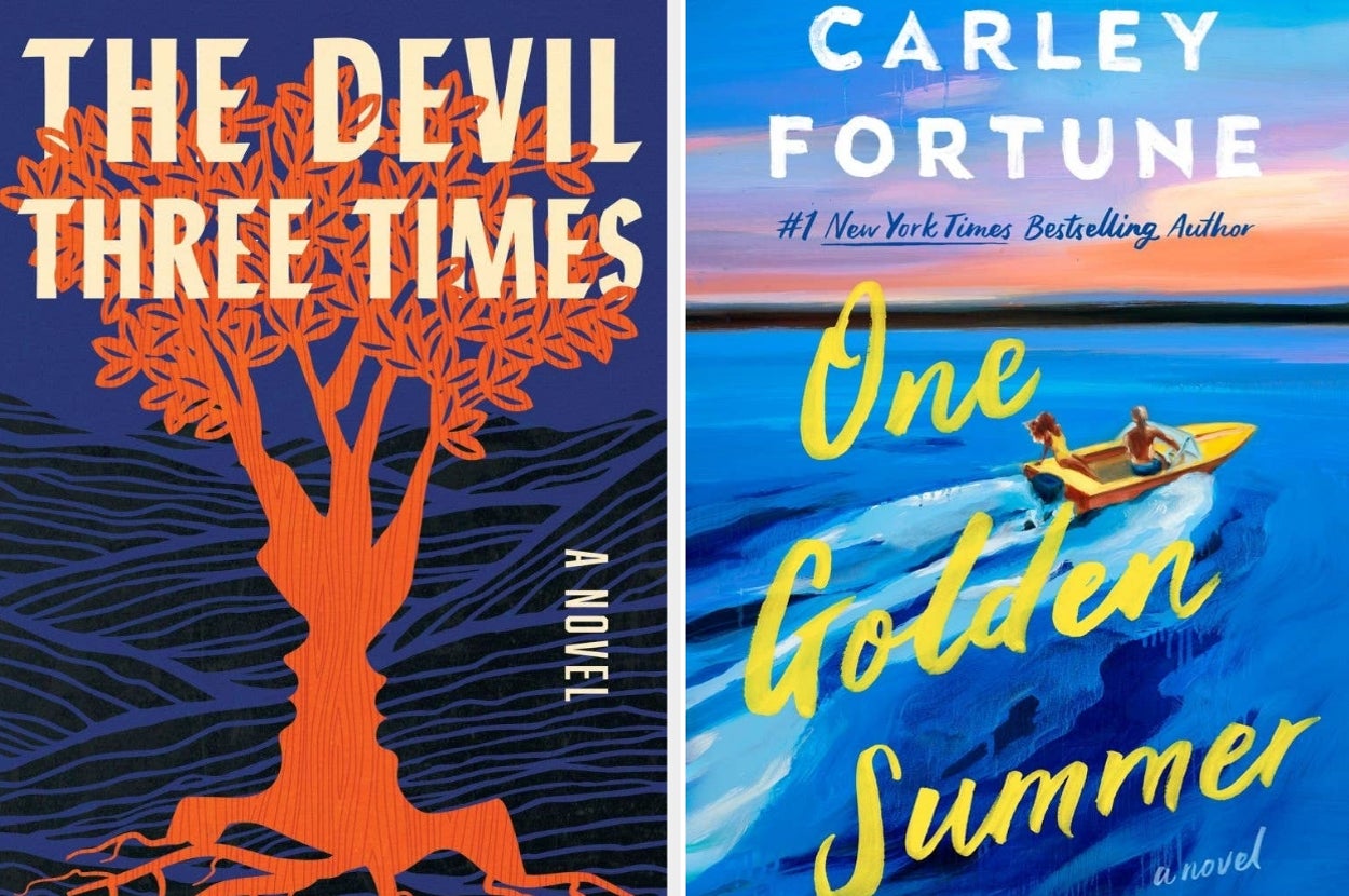 Book covers: "The Devil Three Times" with a tree forming profiles, and "One Golden Summer" featuring a couple in a boat on the water