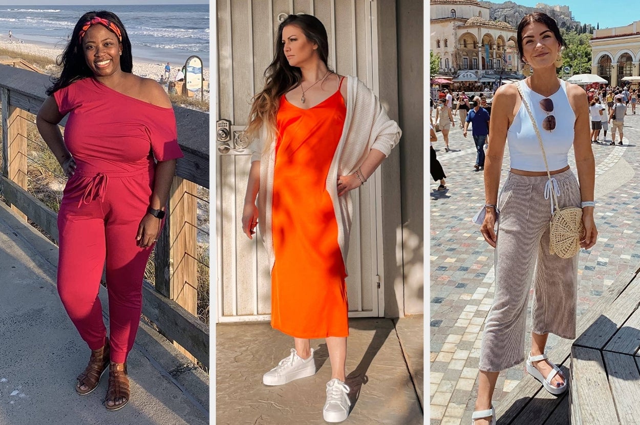 Three people outdoors wearing casual summer outfits: one in an off-shoulder jumpsuit, one in a slip dress with cardigan, and one in a crop top and culottes