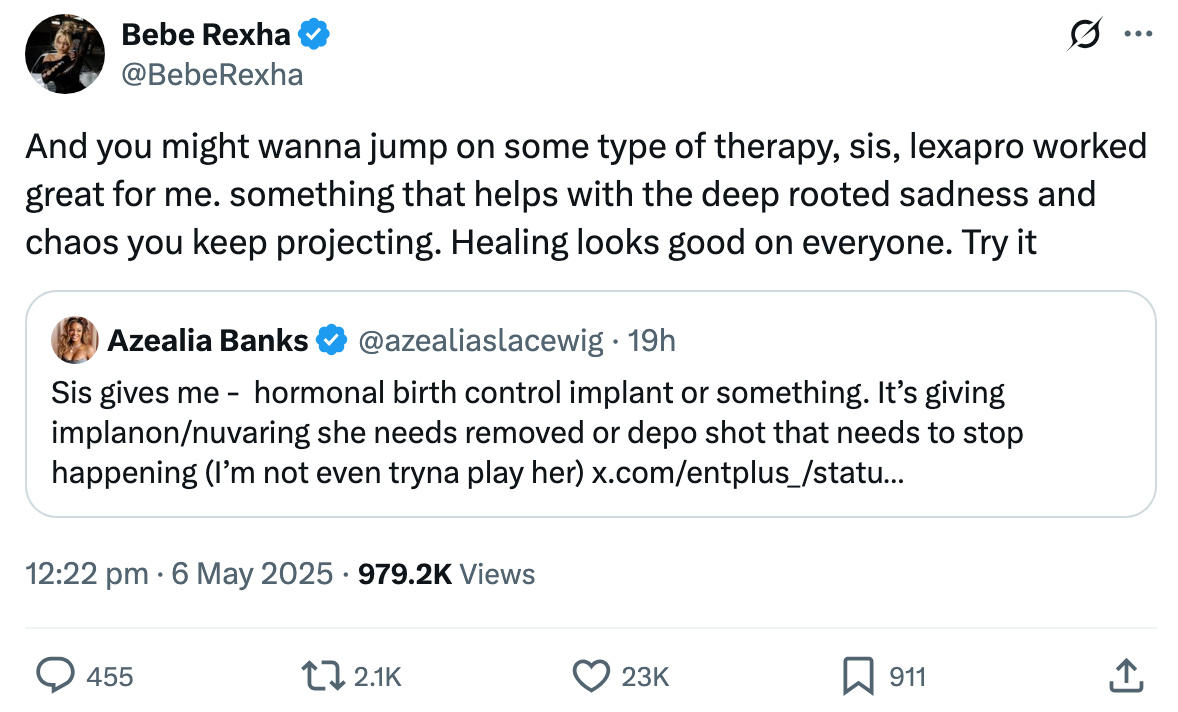 Tweet exchange between Bebe Rexha and Azealia Banks discussing mental health therapies and medications in a conversational tone