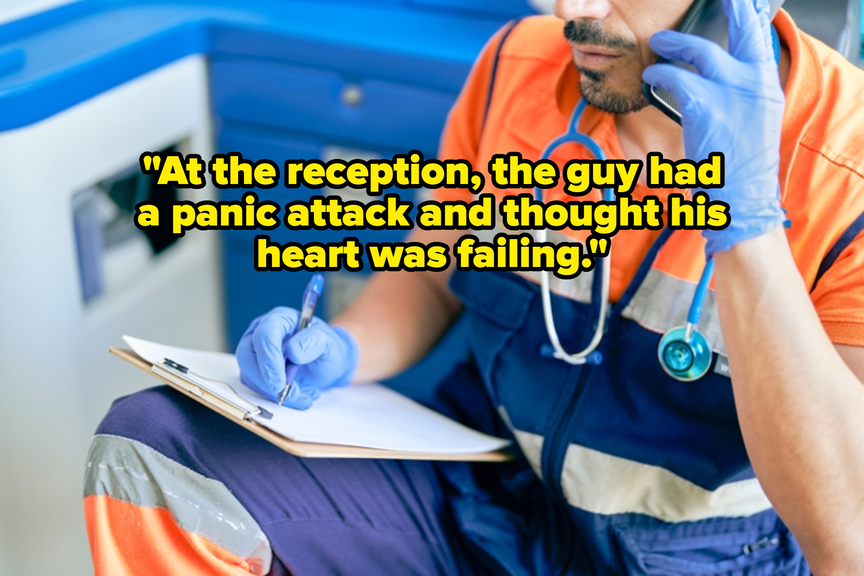 A person in an ambulance uniform, holding a clipboard and talking on the phone, appears to be working or coordinating a task