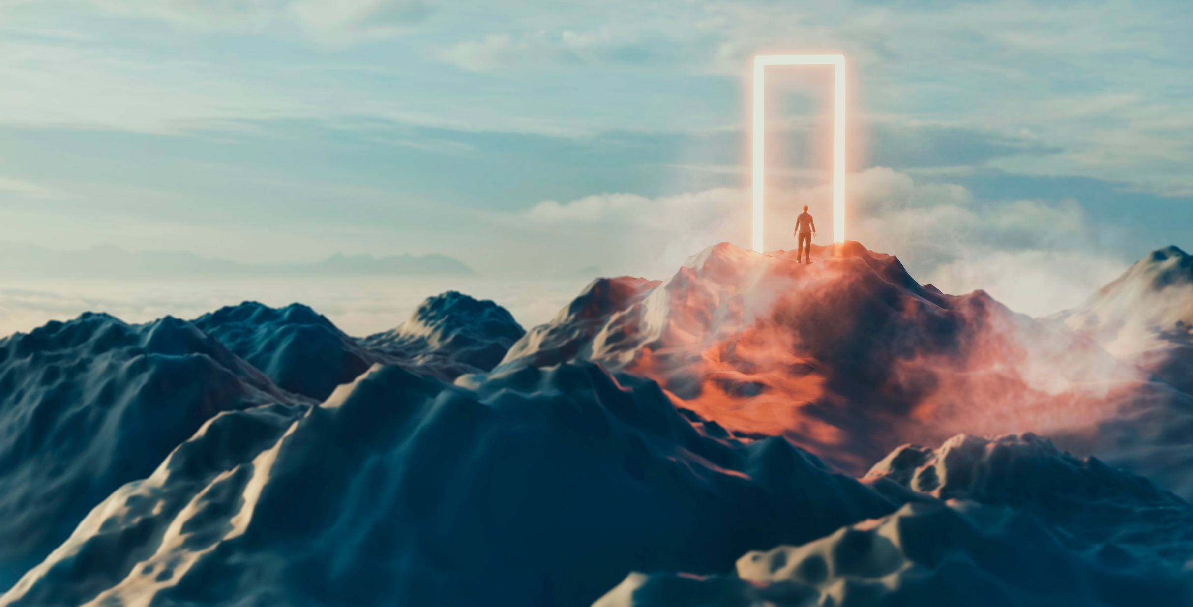 A person stands on a misty mountain peak facing a glowing rectangular doorway, evoking a sense of mystery and exploration