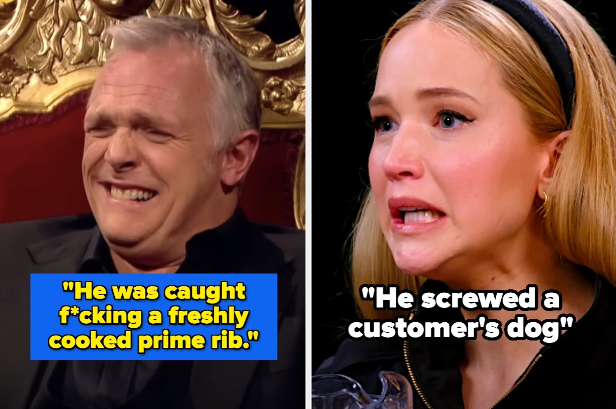 Split image with humorous captions. Left: Man seated, laughing with eyes closed. Right: Woman with long hair, appears emotionally engaged. Captions are jokes