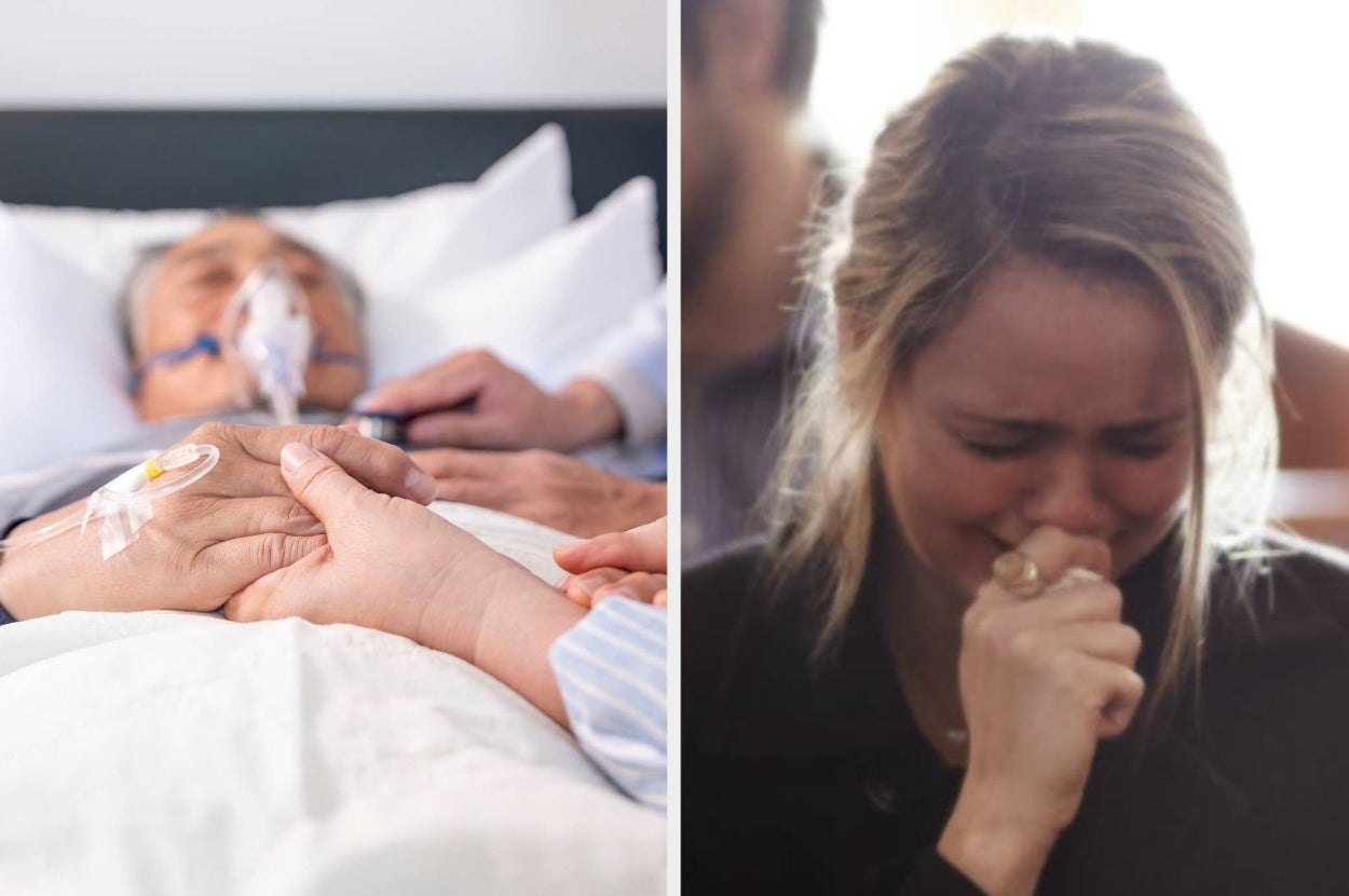 Person in hospital bed with oxygen mask, hand held by another. Next photo shows a woman appearing emotional, hand to mouth, eyes closed