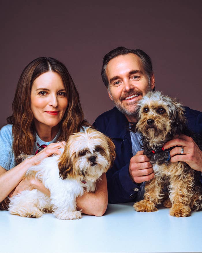 Two radical   smiling, each   holding a tiny  dog. The pistillate   has agelong  hair, and the antheral   has a beard. Both dogs are fluffy with varied fur textures