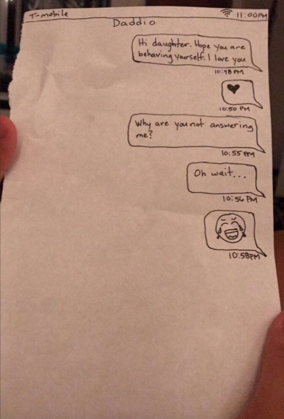 A humorous handwritten text exchange shows a dad messaging their daughter. The conversation includes messages about behaving and a comic face expressing laughter