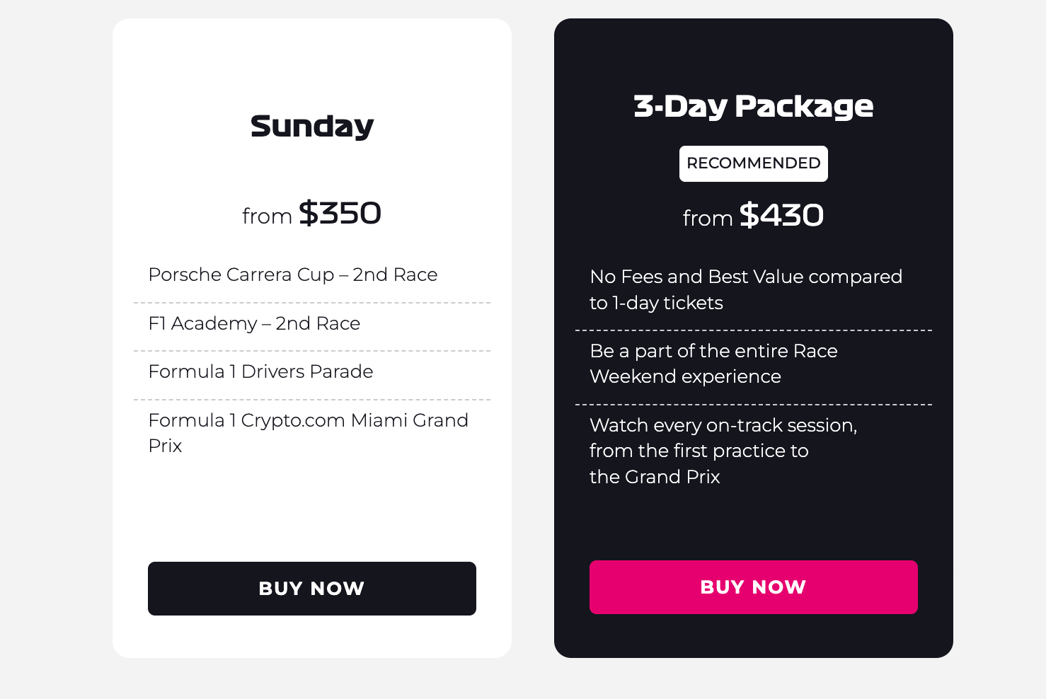 Pricing packages for a Grand Prix event: Sunday ticket from $350, 3-Day Package with no fees from $430, includes every on-track session