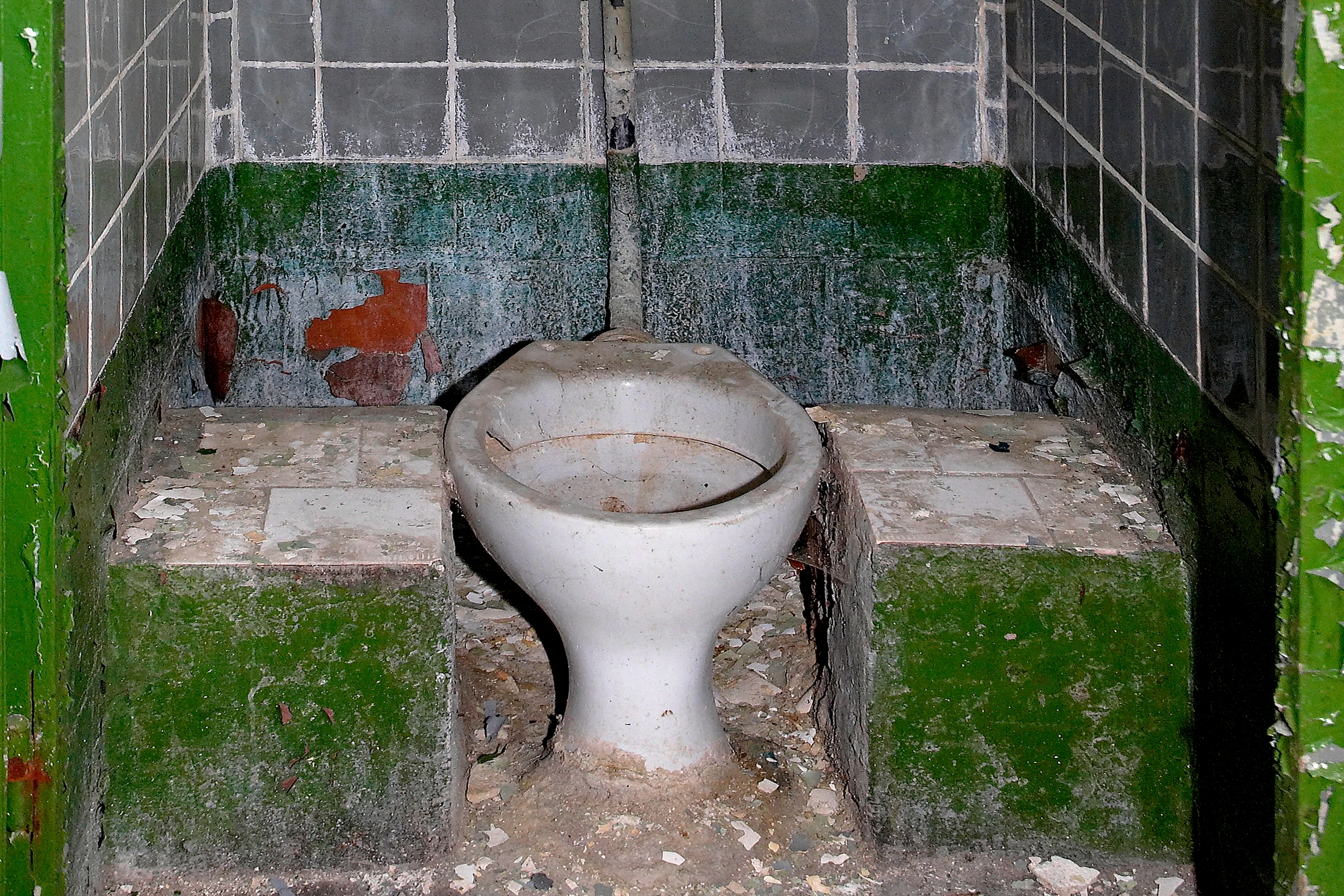 Dilapidated bathroom with a broken toilet missing a seat, surrounded by cracked and peeling tiles