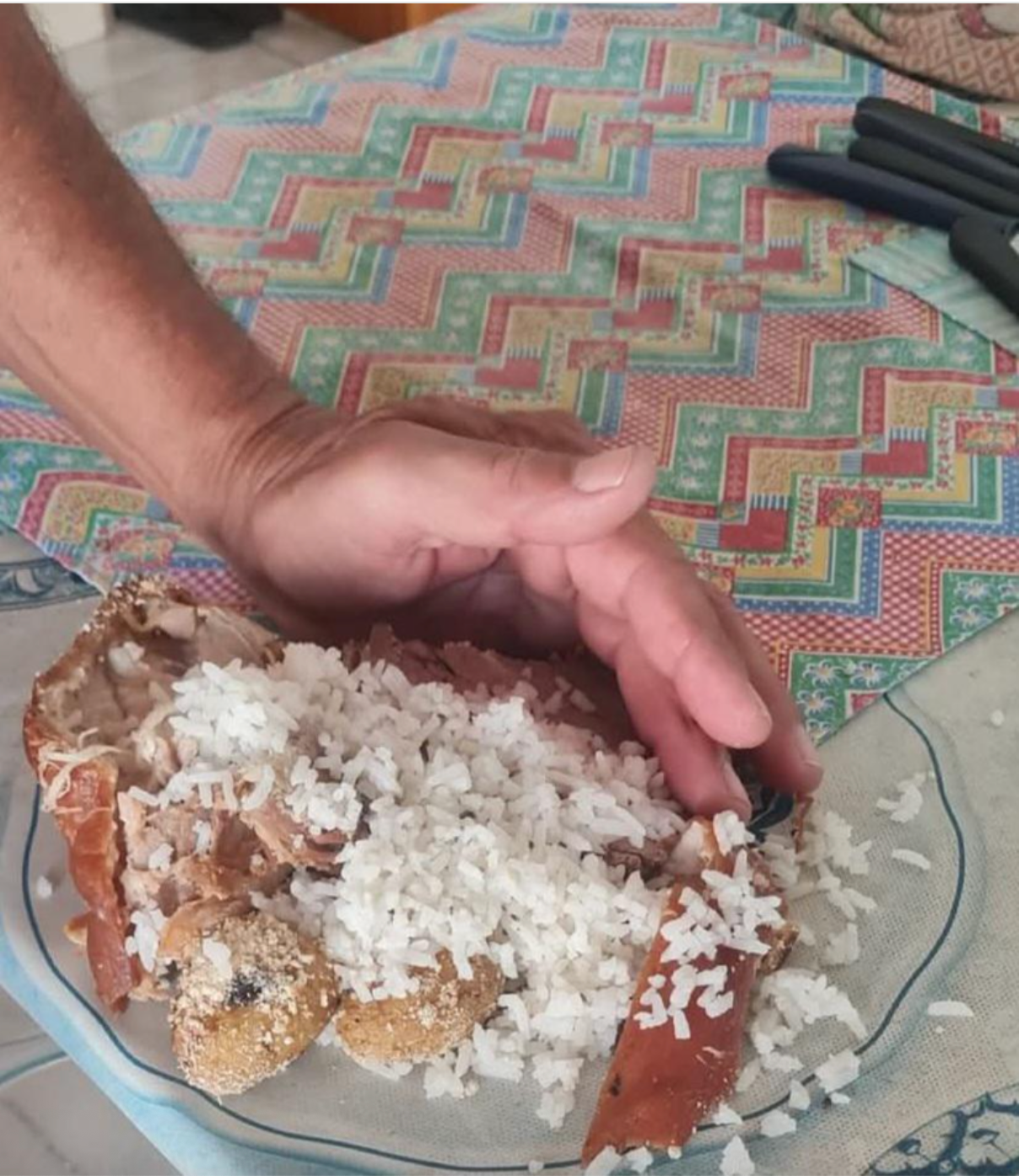 A hand holds a lobster shell filled with rice and seafood stuffing on a patterned tablecloth