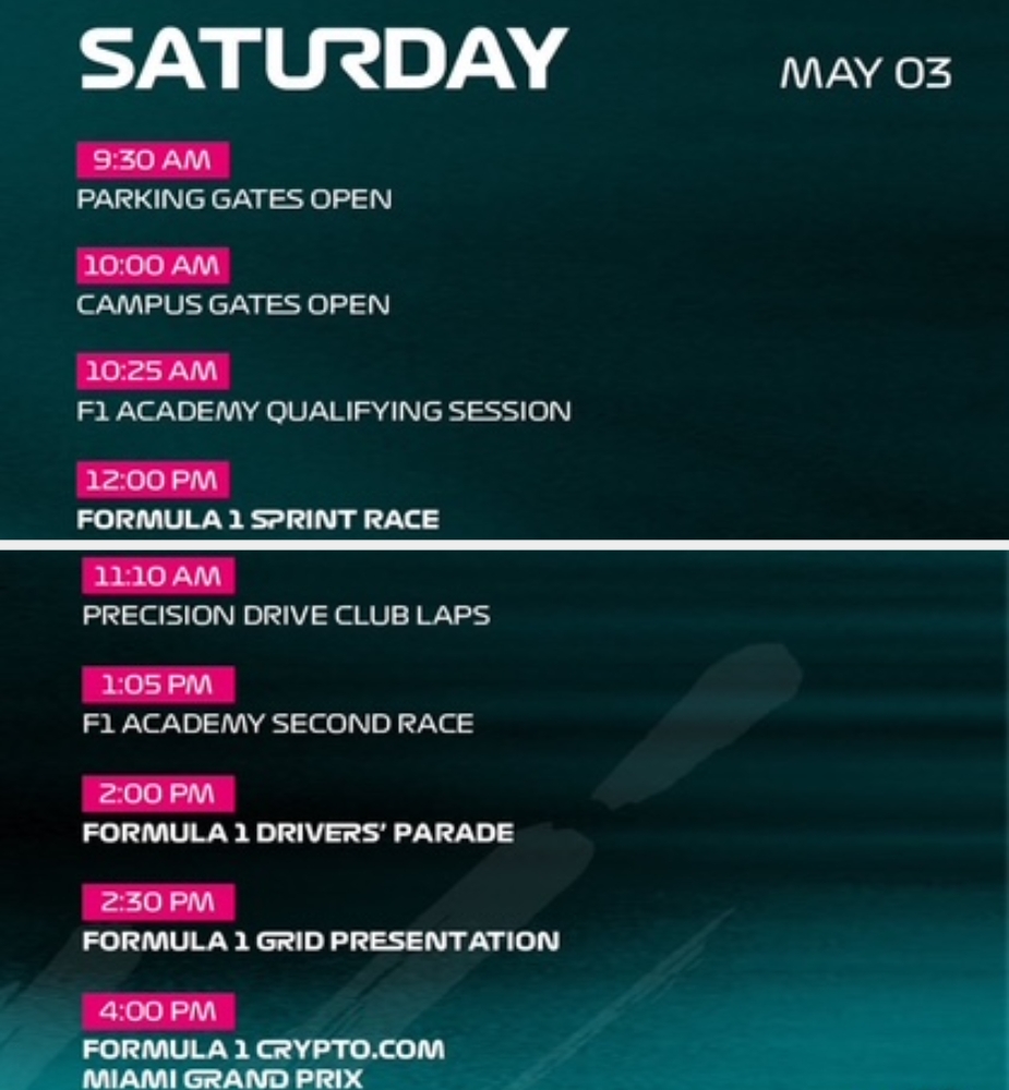 Schedule for Saturday, May 3: Parking opens at 9:30 AM, races from 12:00 PM, and Formula 1 Grand Prix at 3:30 PM, with other events in between