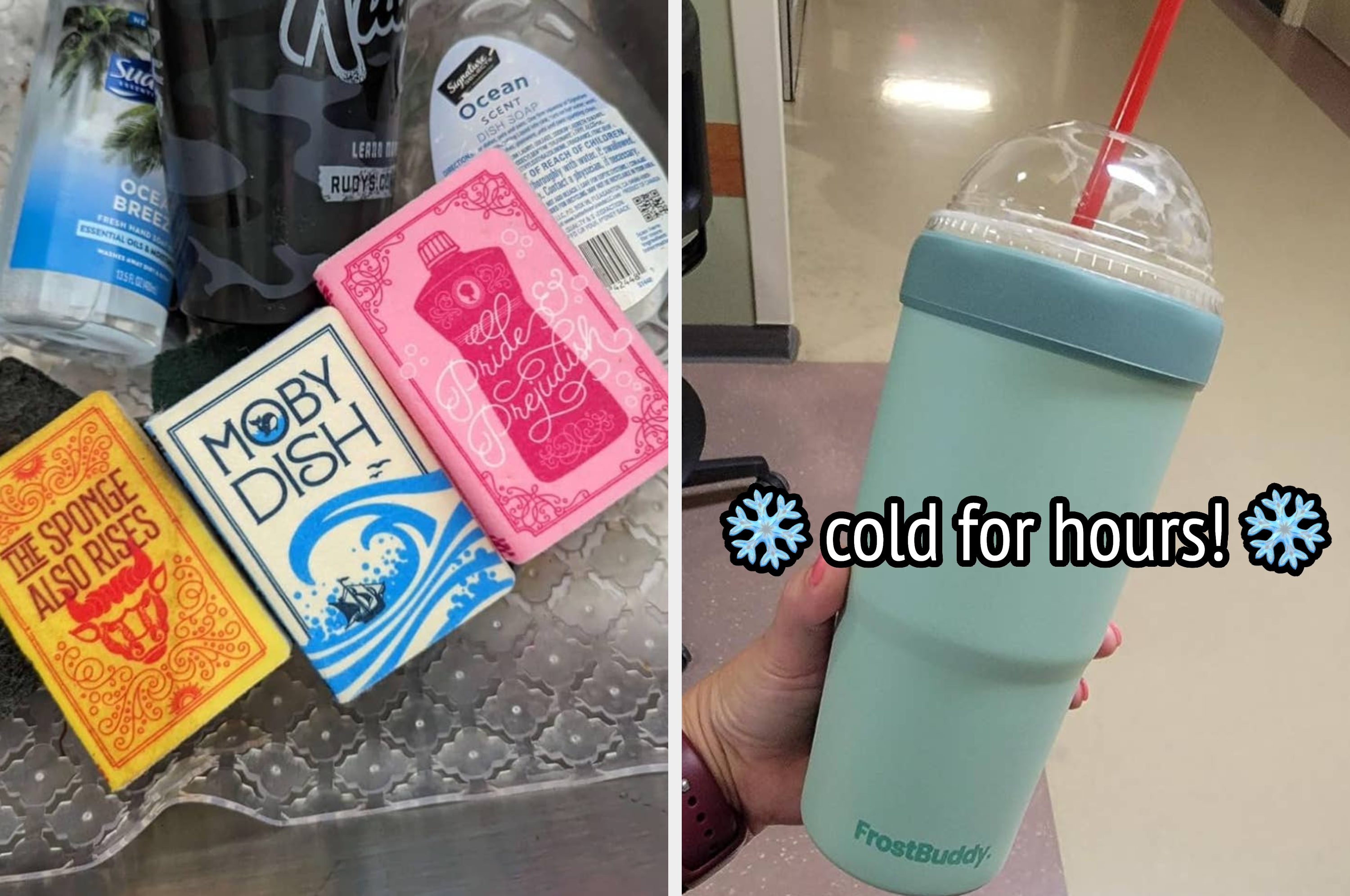 Bar soaps with unique packaging next to a large insulated tumbler with text "cold for hours!" and snowflake emojis