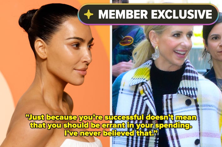 Two women in profile, left in elegant updo, right in checkered coat, with text on money and success