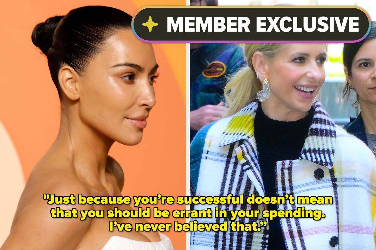 Two women in profile, left in elegant updo, right in checkered coat, with text on money and success