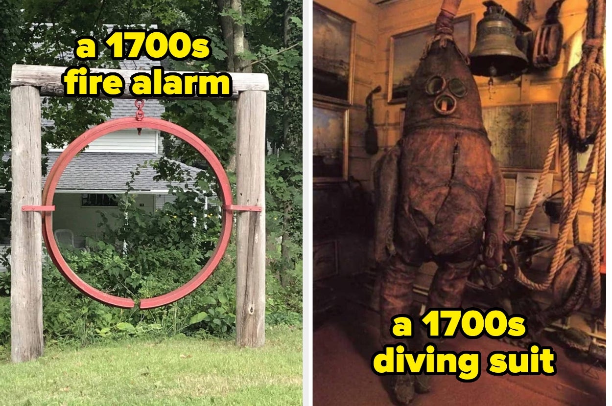 Left: A wooden frame holding a metal ring labeled "a 1700s fire alarm." Right: An old, bulky diving suit labeled "a 1700s diving suit."