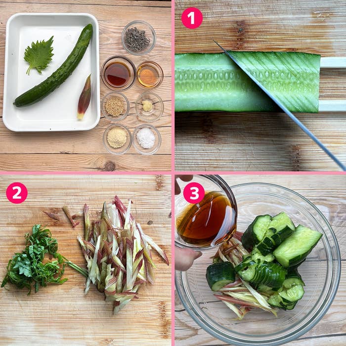 きゅうりとミョウガの調理手順。包丁で切った後、調味料を混ぜる。