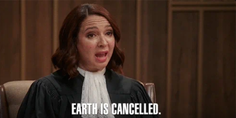 A woman in a judge's robe speaks in a courtroom setting. The text reads, "EARTH IS CANCELLED."
